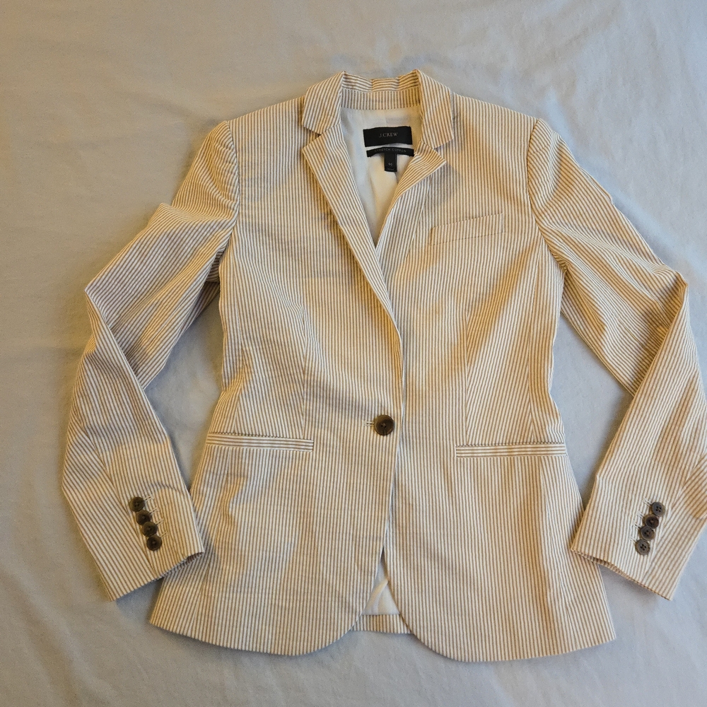 J Crew Tan & White Stretch Cotton Pinstripe Blazer Single Button